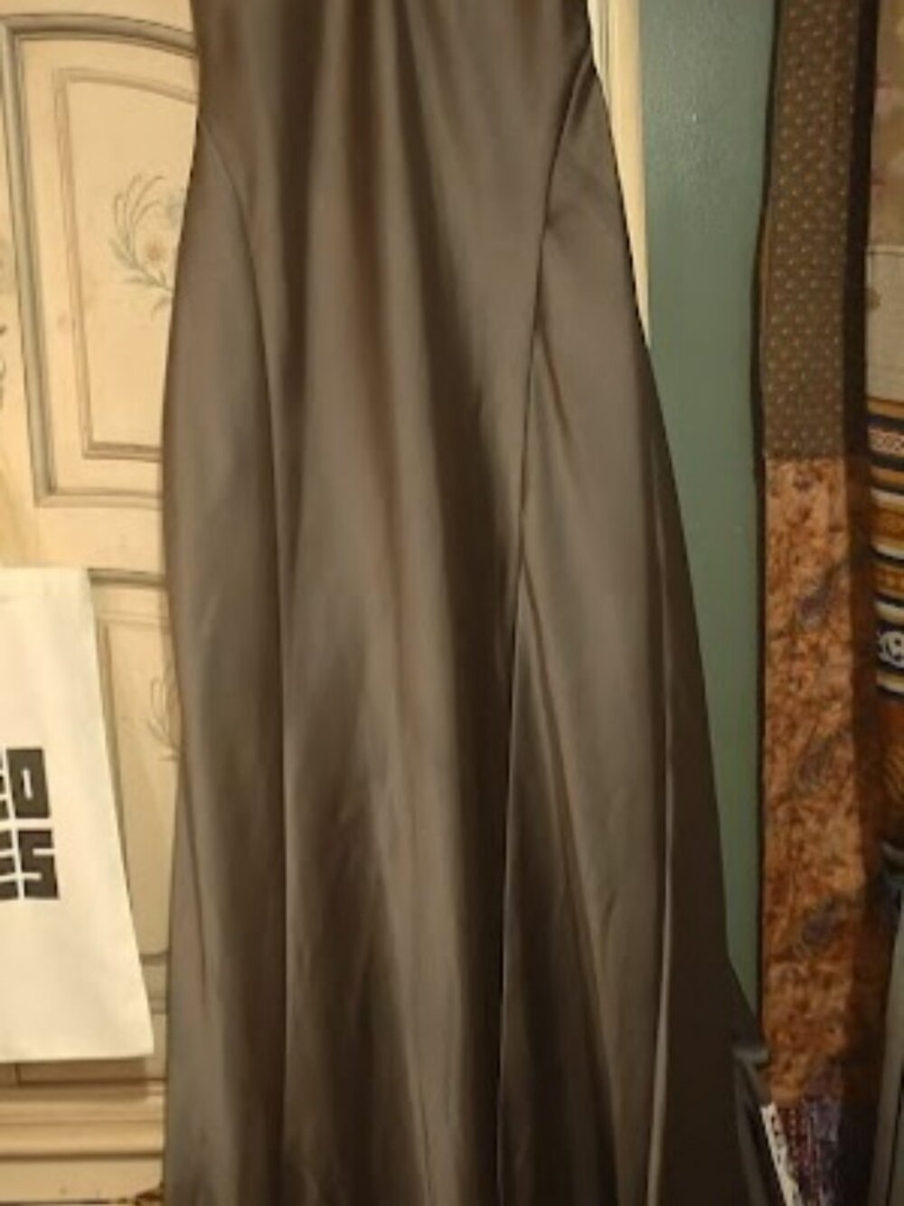 Zara Satin Maxi Slip Dress Taupe Bronze Olive Green Spaghetti Strap V-Neck Forma - Picture 3 of 4